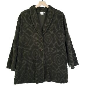 Focus‎ Casual Life Tufted Jacquard Jacket M Olive Green Boho Lagenlook Artsy